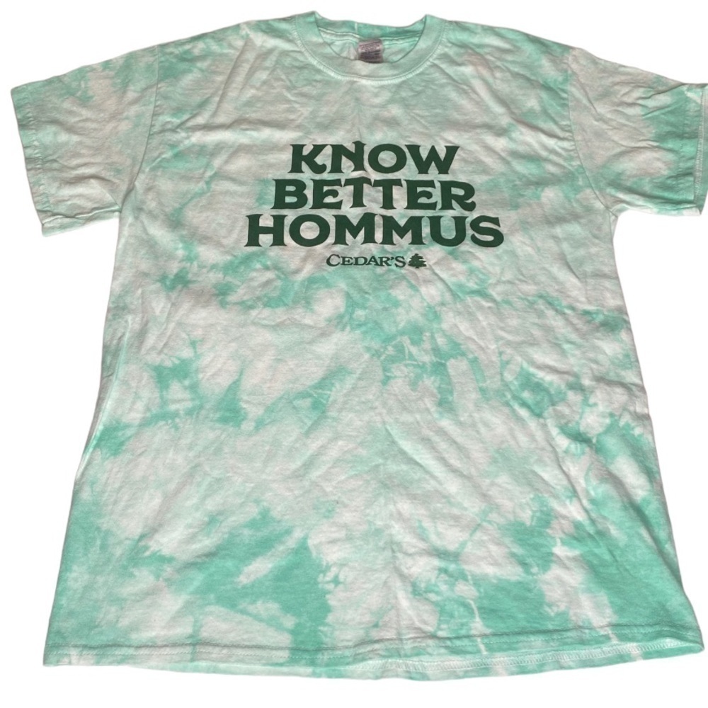 CEDAR’S KNOW BETTER HUMMUS TEAL TIE DYE COTTON TEE SHIRT SIZE MEDIUM